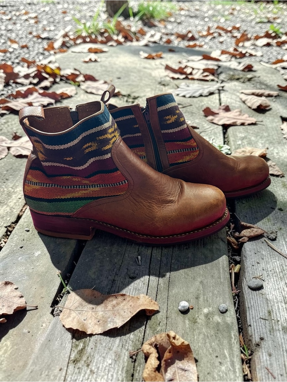 Womens Teysha Brown Leather Ankle Boots with Multicolor Woven Panel 9.5/10